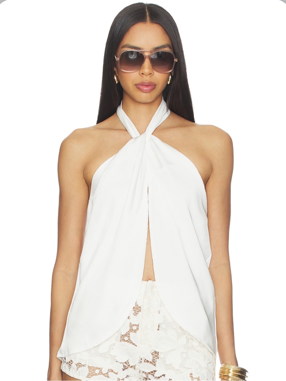superdown White Halter Twist Front Lace-Trim Chemise